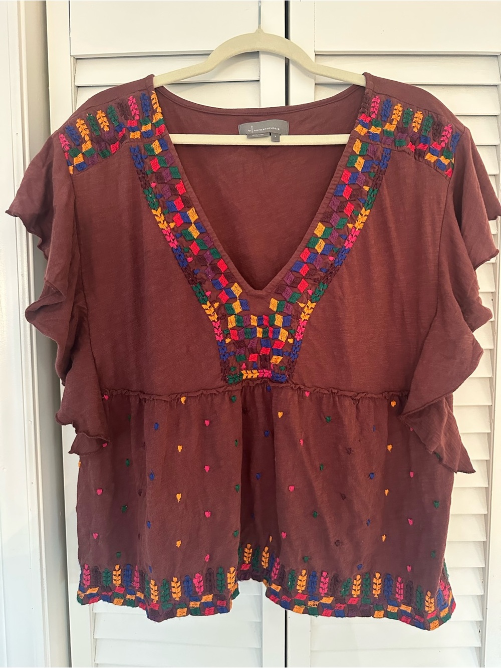 Anthropologie Rust Embroidered V-Neck Ruffle Sleeve